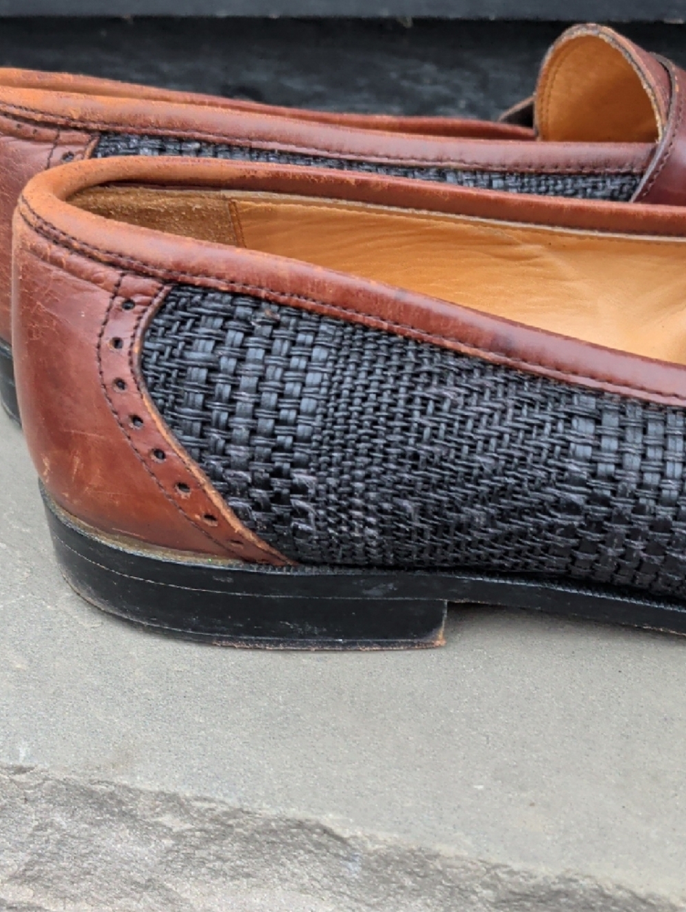 Johnston&Murphy/Made In Italy Men's Brown Leather & Charcoal Woven Penny Loafers - Picture 9 of 14